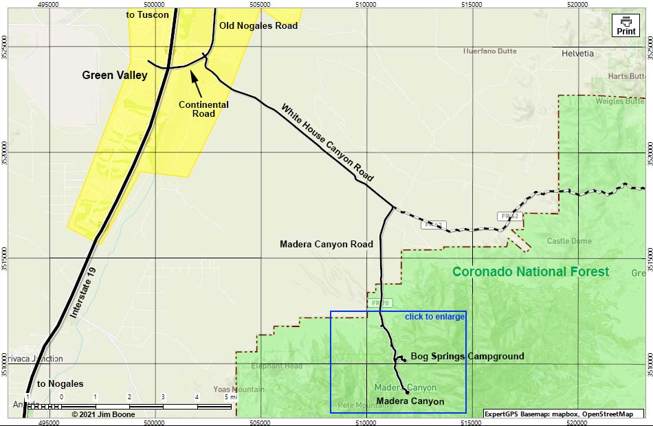 Madera Canyon, Santa Rita Mountains Map