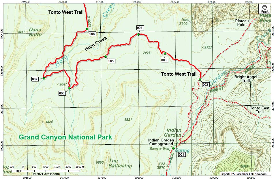 Hiking Around Las Vegas, Grand Canyon NP, Tonto West Trail Map