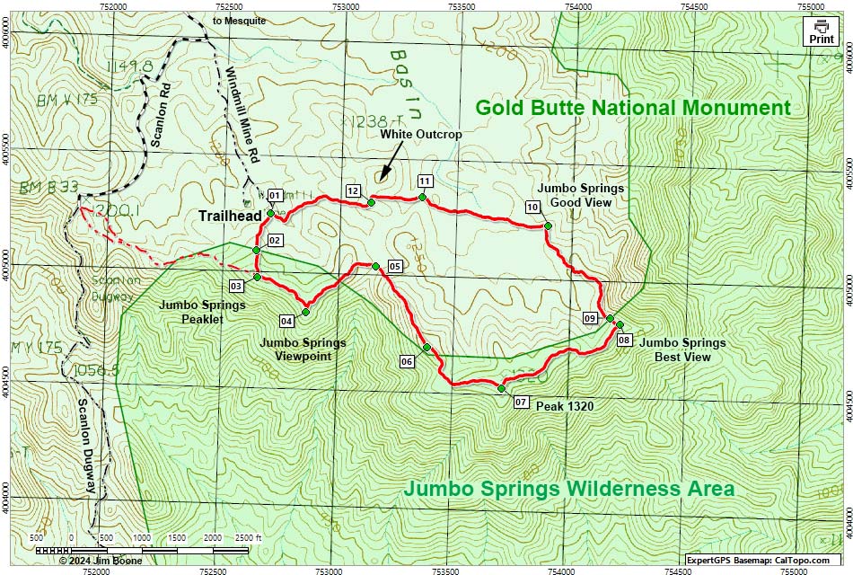 Jumbo Springs Wilderness -- So. Ridges Route Map